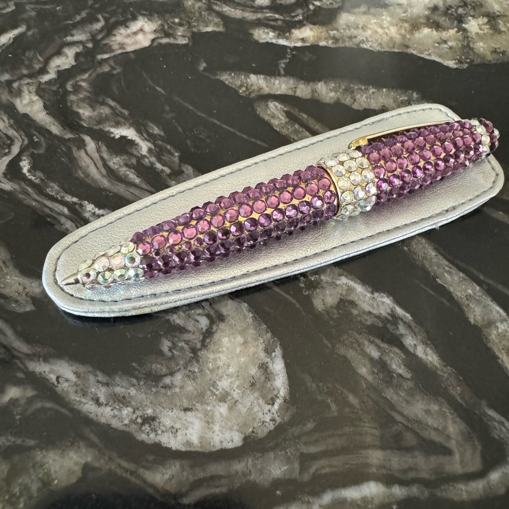 Gorgeous faux crystal rhinestone purple purse pen with silver protective case